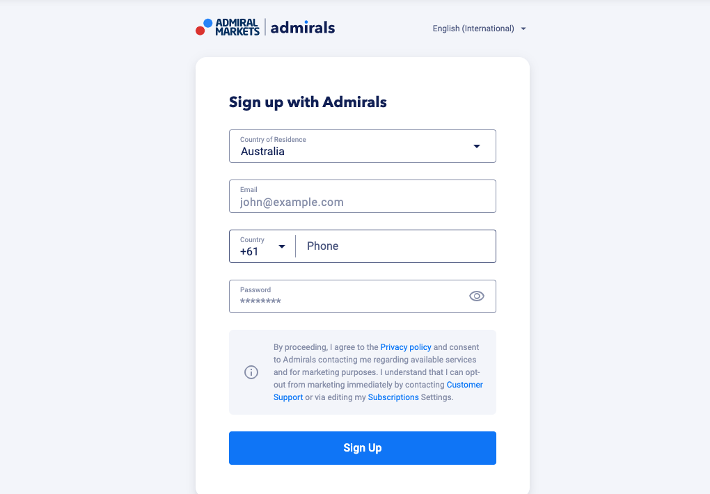 Signup on Admiral Markets Australia