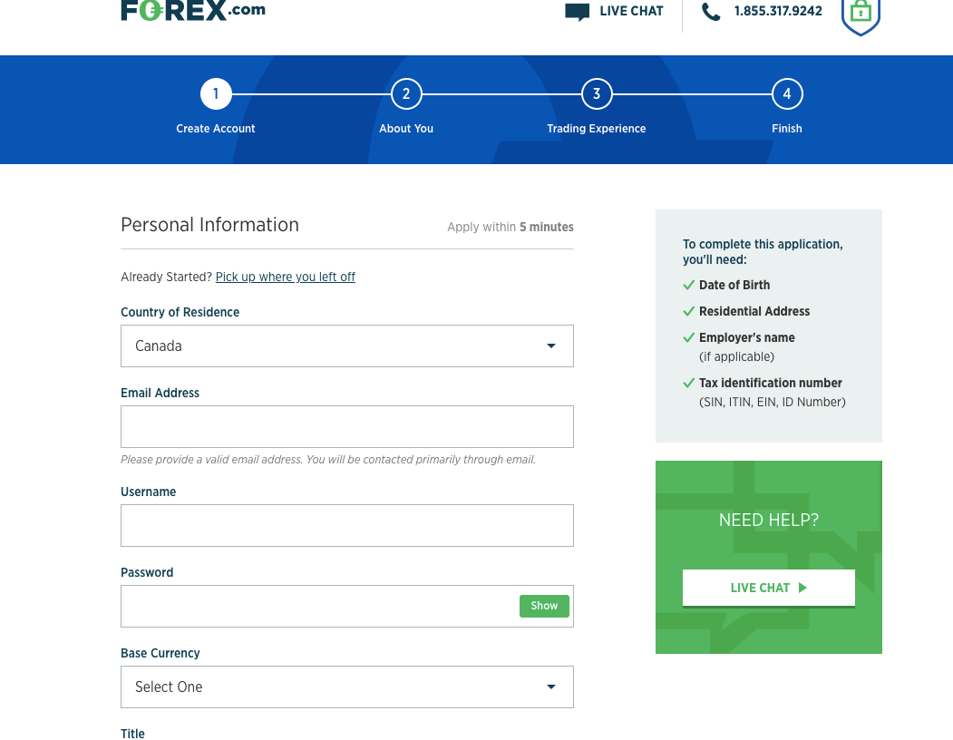 Create Account on Forex.com Canada