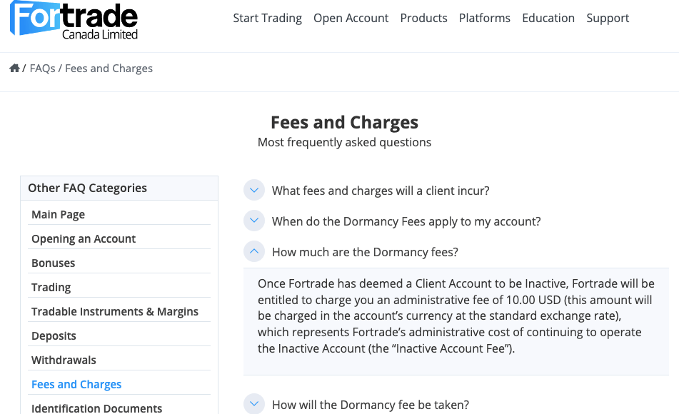 Fortrade Canada Fees and Charges