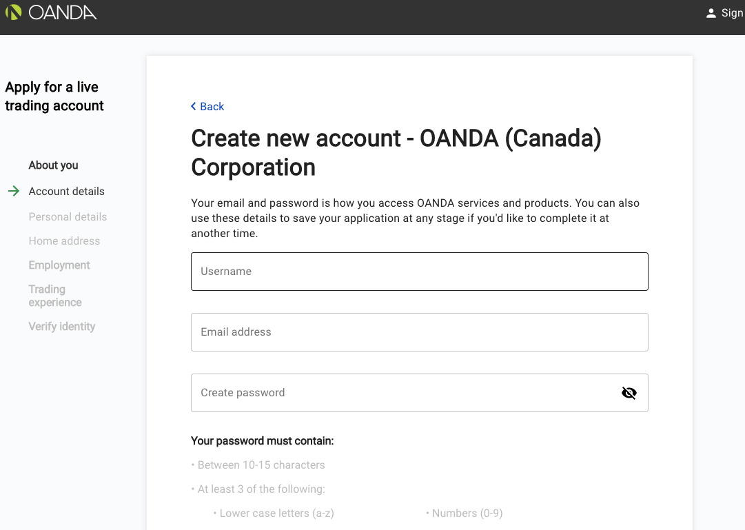 Signup with OANDA CA