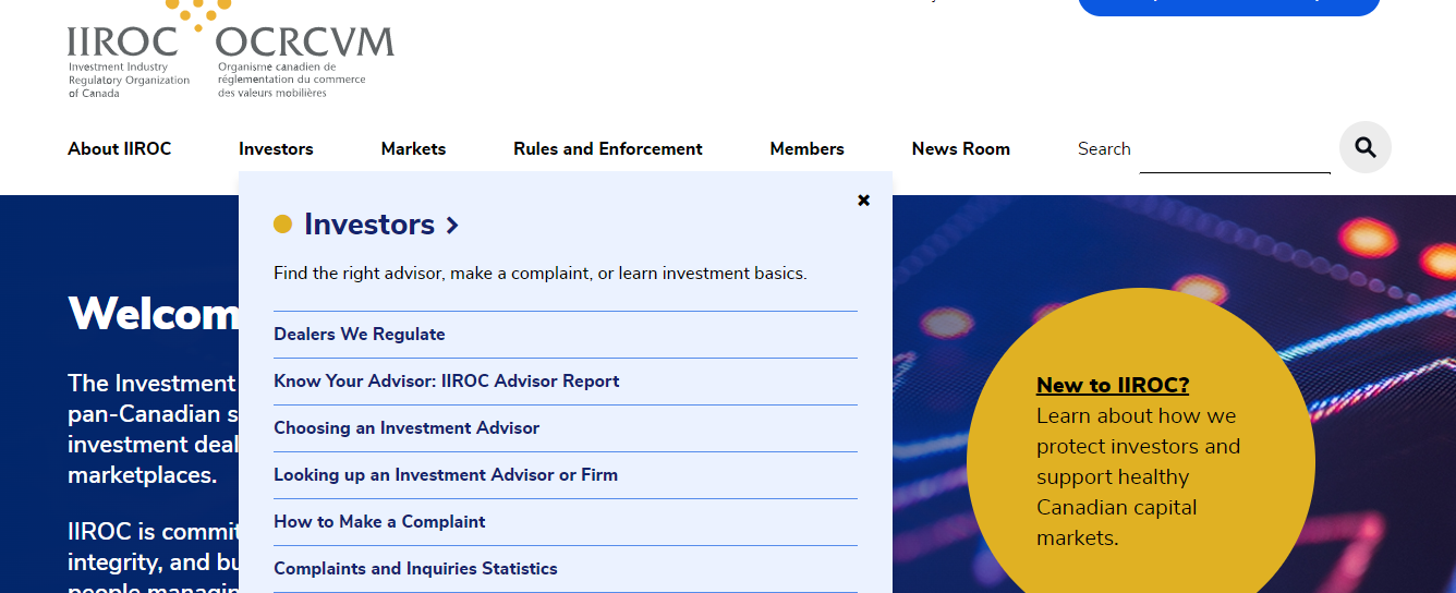  Canadian Regulator website /></center></p>
<p>The image above shows the IIROC homepage, if you click on ‘Investors’ and then ‘Dealers We Regulate’, you will arrive at a page. If you scroll down on that page, you will find the search bar displayed below</p>
<p><center><img decoding=