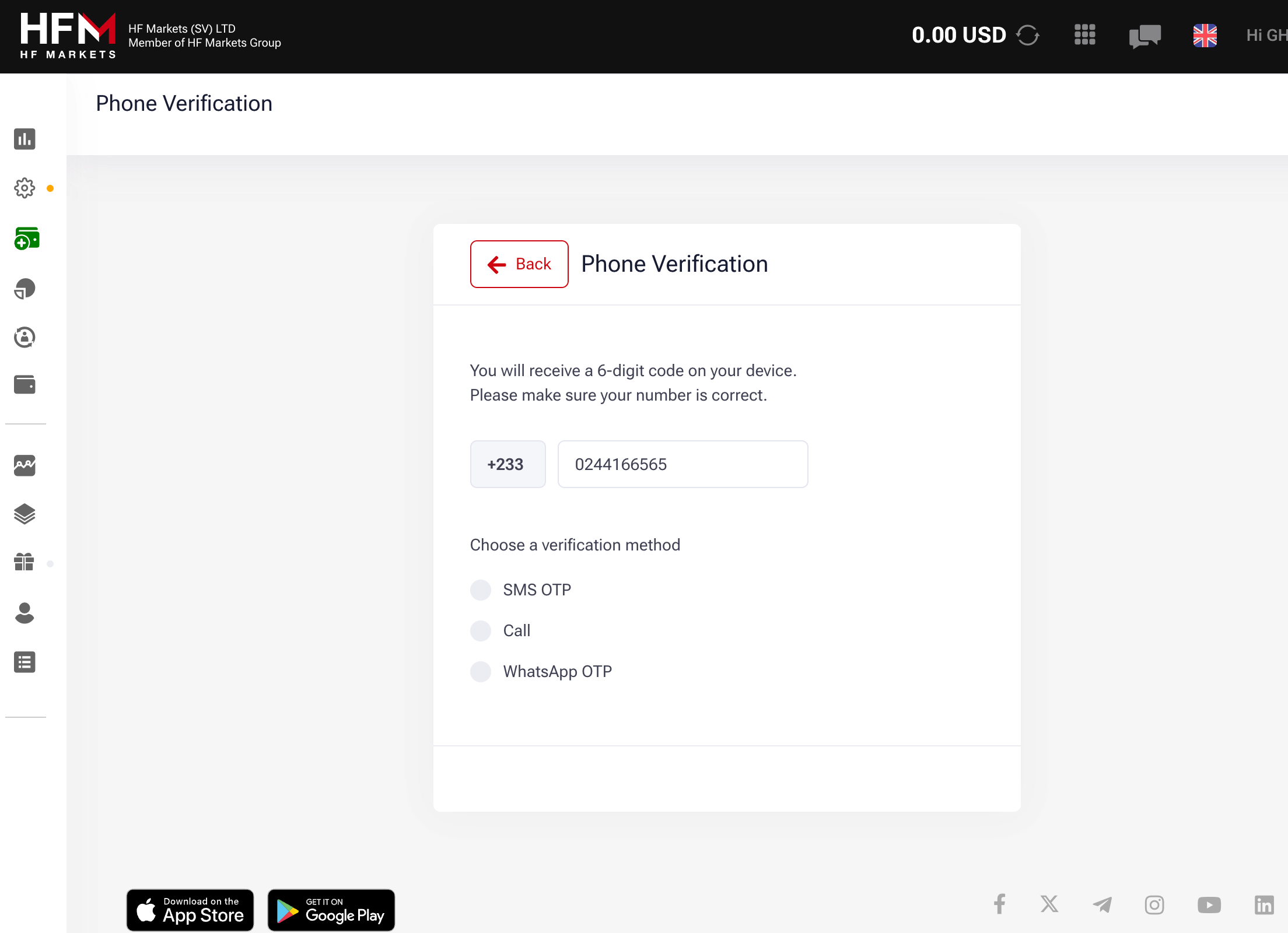 Verify Phone on HF Markets