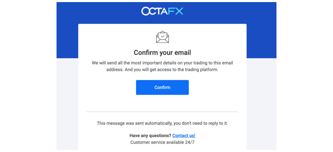 OctaFX Email Confirmation