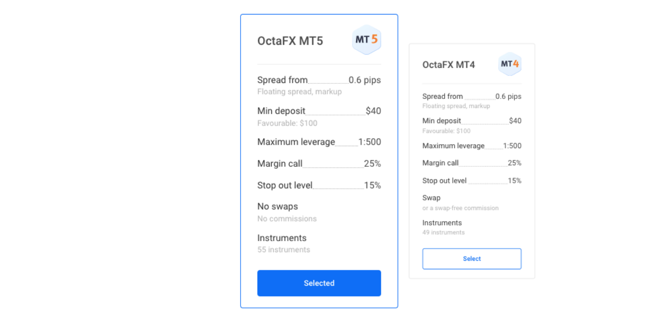 OctaFX Account Choosing