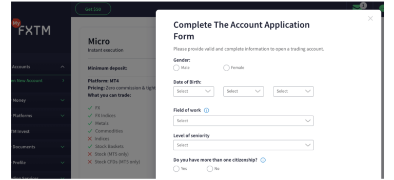 Complete Application Form while Signup with FXTM