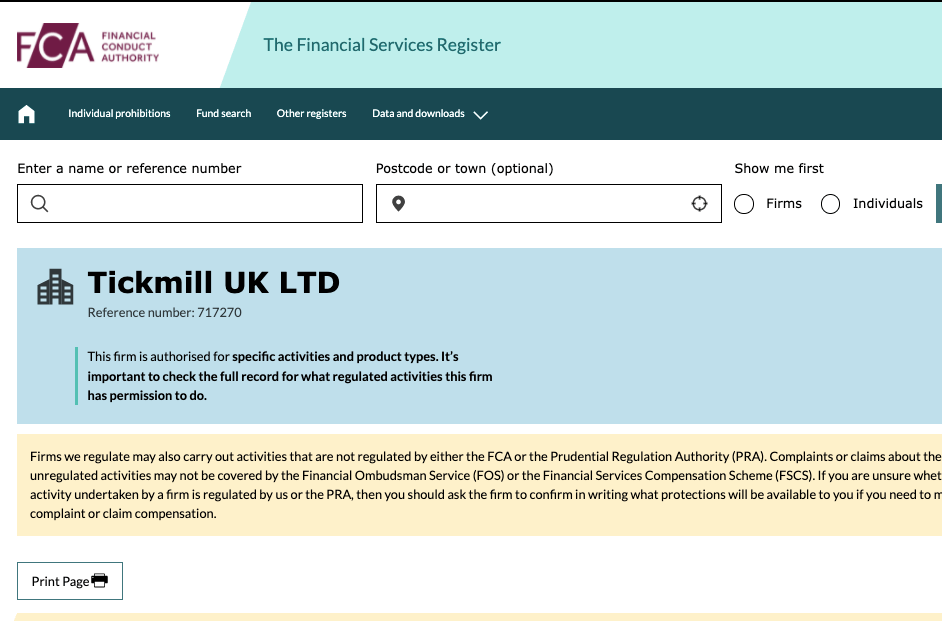 Tickmill UK License with FCA
