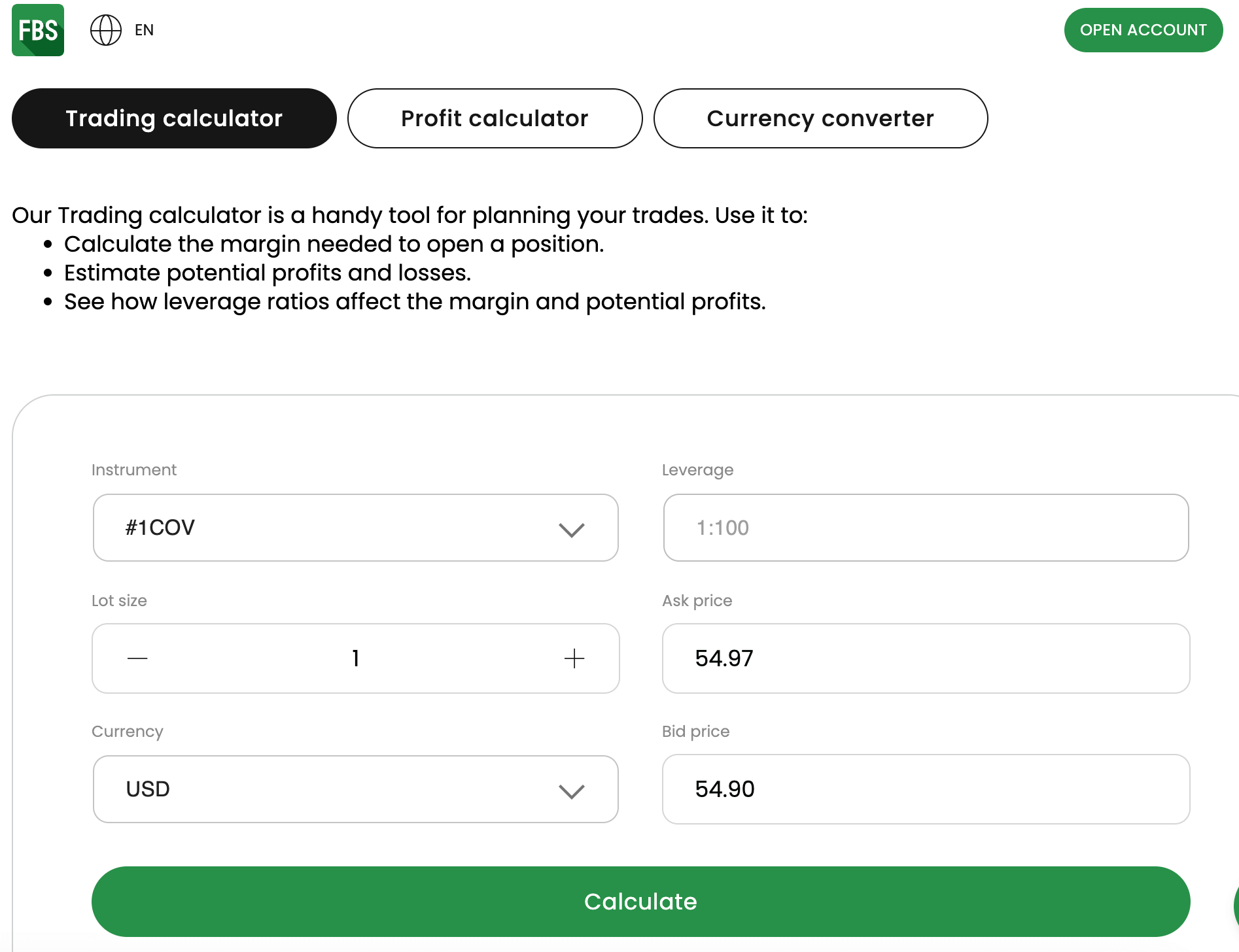 FBS Trading Calculator