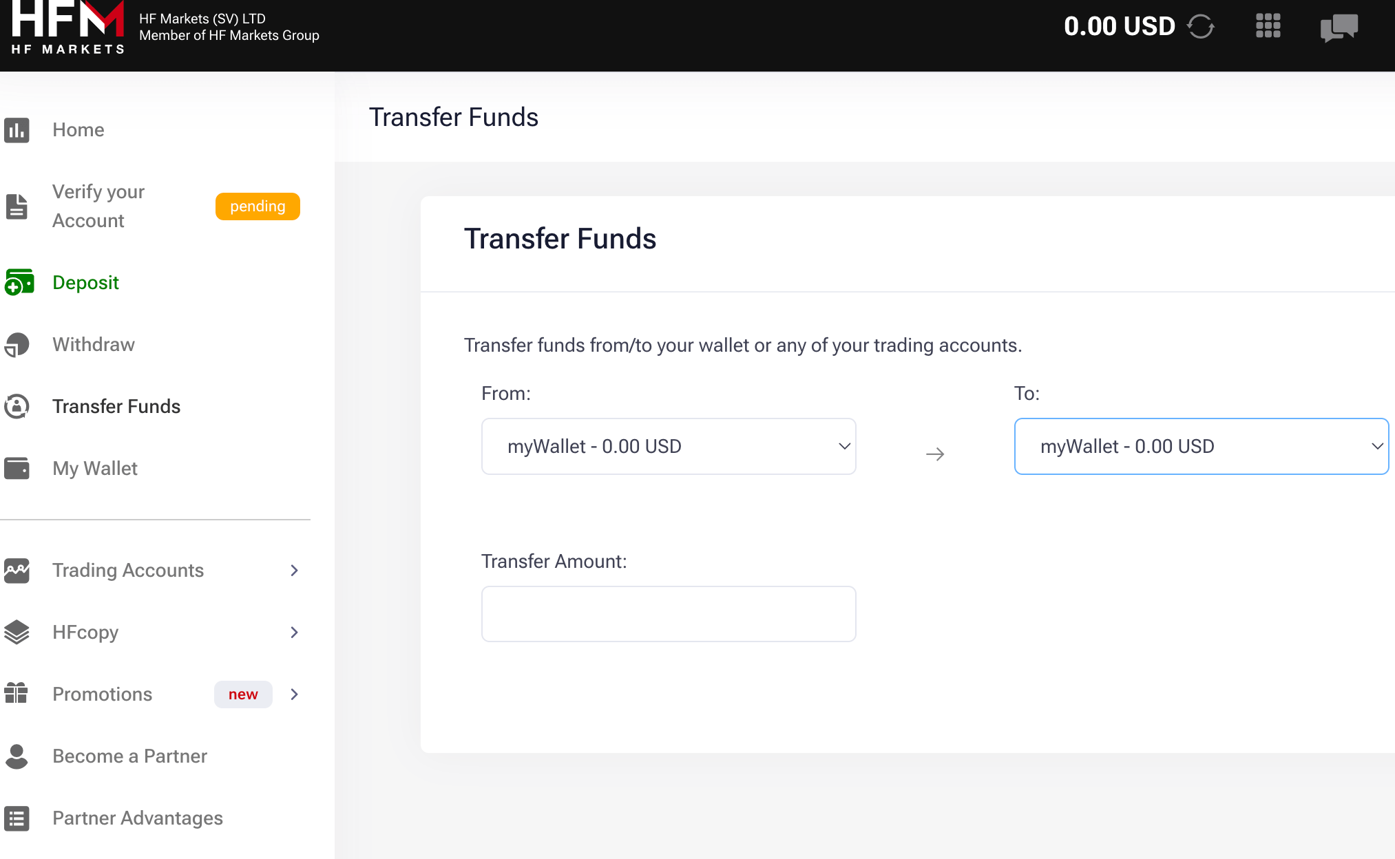 Transfer Funds to HF Markets Wallet