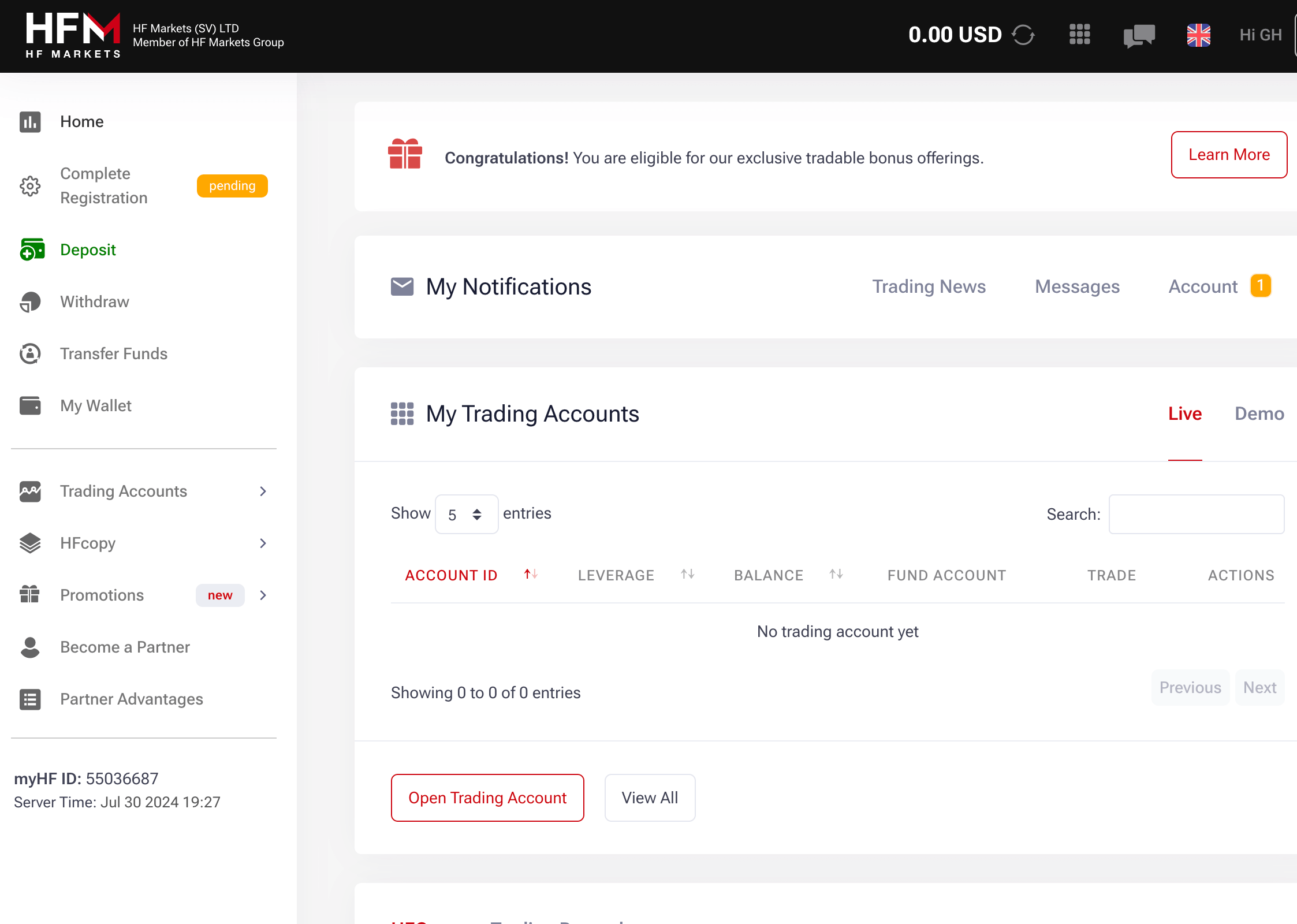 HF Markets Trading Account