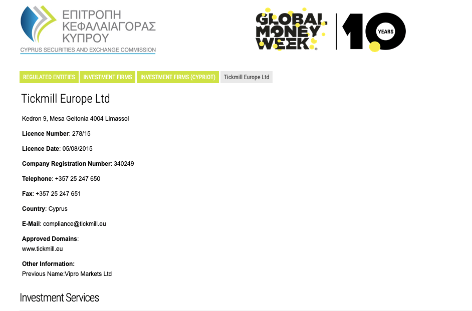 Tickmill License with CySEC