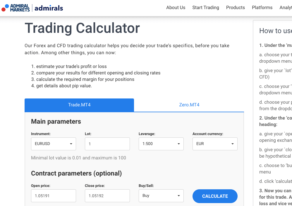 Trading Calculator on Admiral Markets UK