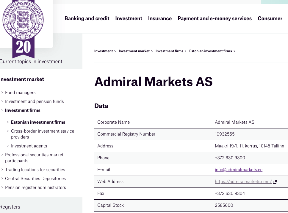 Admiral Markets License in Estonia