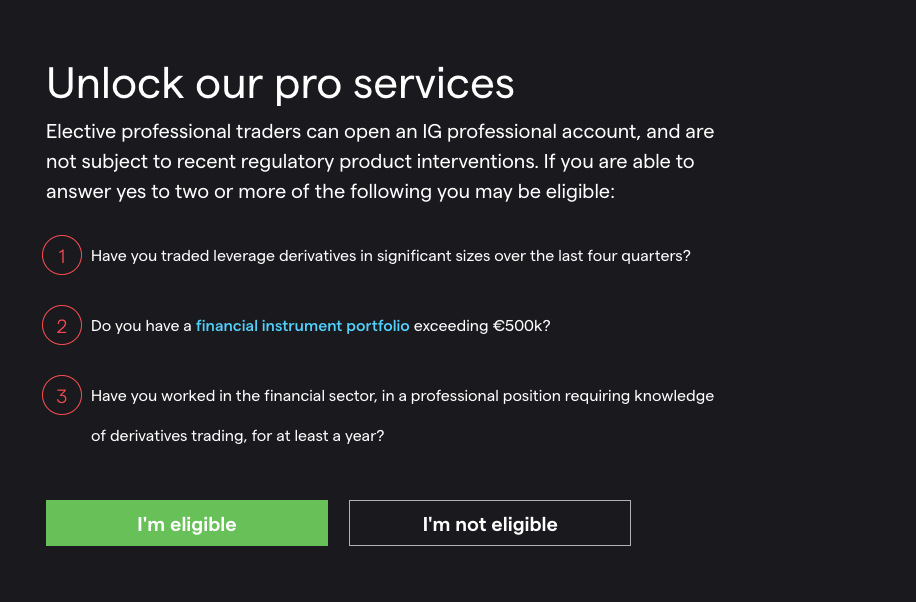 IG Markets Professional Account Requirement