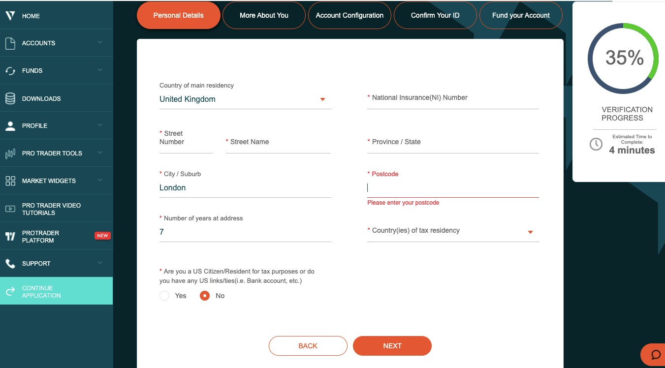 Vantage FX UK Account Creation