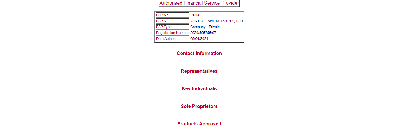 Vantage FX FSCA License