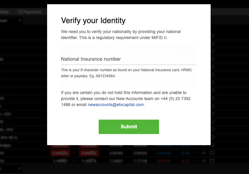 ETX Capital UK New Account Verification