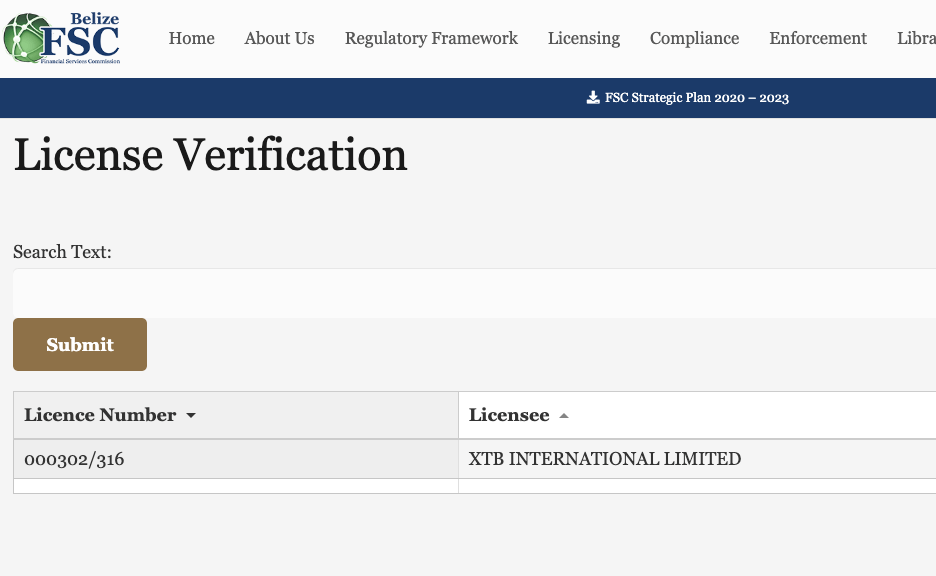 XTB License by FSC Belize