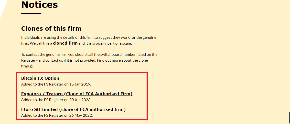 eToro FCA Fraudulent Clones